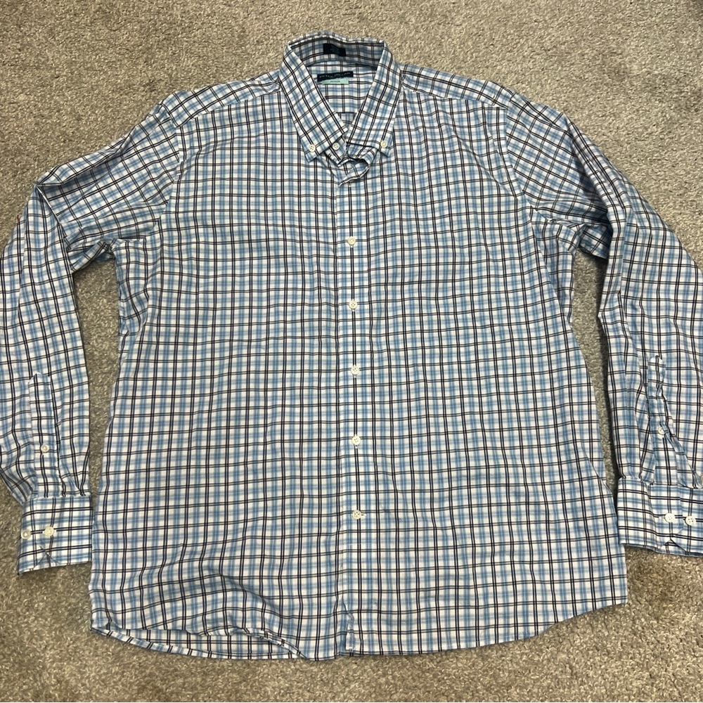 Peter Millar Shirt Mens XL Blue Check Plaid Long Sleeve Flex Finish Button Up